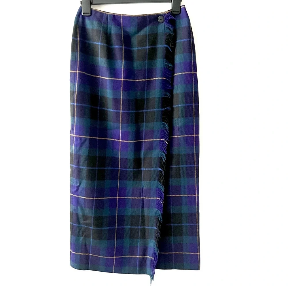 TALBOTS | Plaid Vintage Wool Wrap Long Maxi Skirt Purple Green Fringe Size 4 - Picture 1 of 11